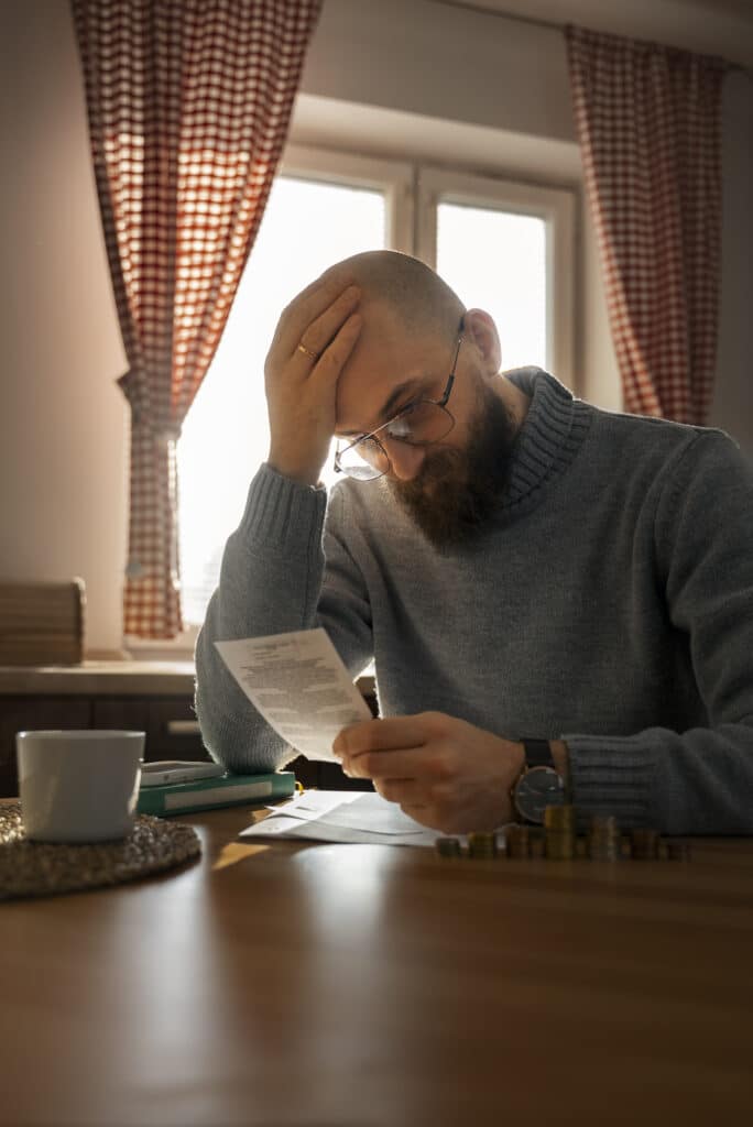 Man sitting at a table with his hand on his head, looking stressed while reviewing a bill — representing mortgage-related financial stress or mistakes.