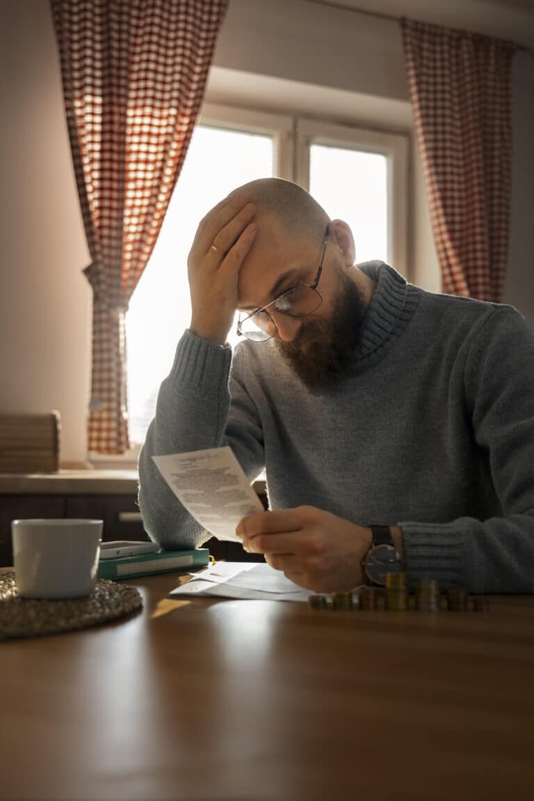 Man sitting at a table with his hand on his head, looking stressed while reviewing a bill — representing mortgage-related financial stress or mistakes.